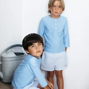 T-shirt anti-UV Jean bleu ciel 3 boutons - LES PETITS DORÉS